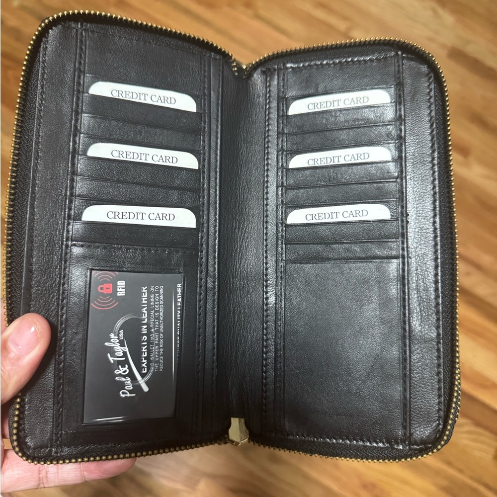 Black Leather Zippered Wallet with Card Slots